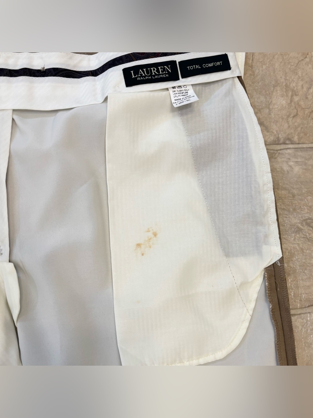 Lauren Ralph Lauren Total Comfort 100% Wool Men's Trouser, 36x30, Khaki/Taupe - Picture 14 of 15